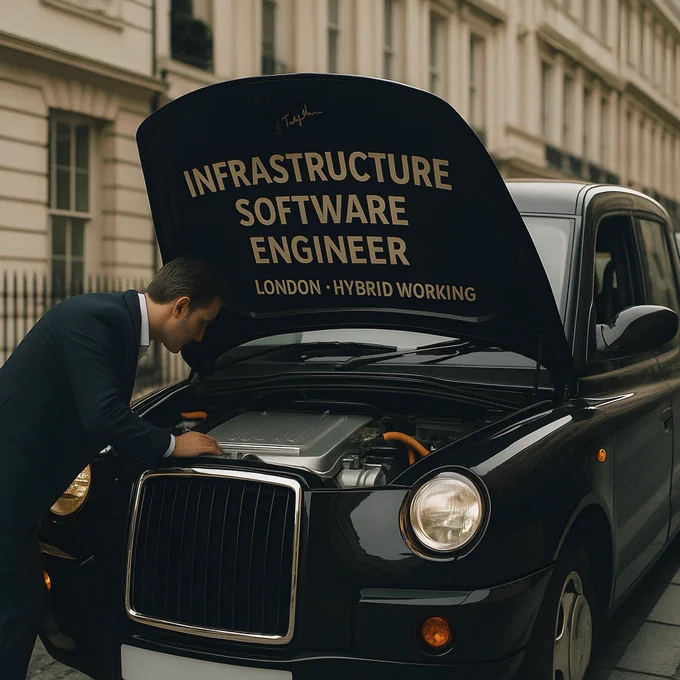Black London cab with its bonnet open, revealing the job title “Infrastructure Software Engineer - London- Hybrid Working” printed inside, as a suited professional inspects the engine - symbolising deep systems work beneath sleek operations.