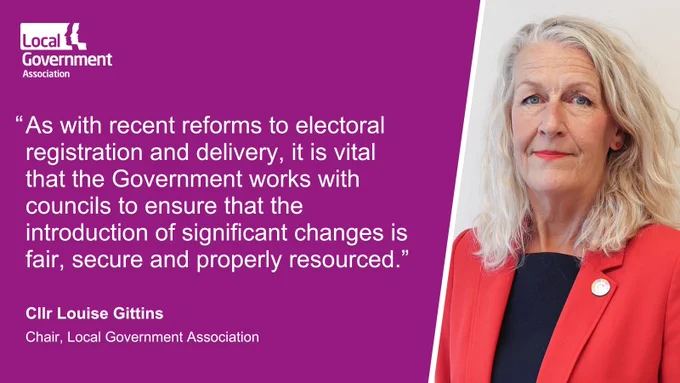 LGA Chair Louise Gittins in a black top and red jacket looks into the camera to the right of the image. On the left is the text: "As with recent reforms to electoral registration and delivery, it is vital that the Government works with councils to ensure that the introduction of significant changes is fair, secure and properly resourced."
