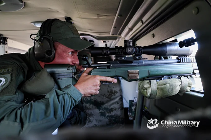Photo shows a Belarusian contestant participating in "Rescuing Hostages with Precise Sniping" event of the Sharp Blade 2025 International Sniper Competition on the morning of July 16, 2025.