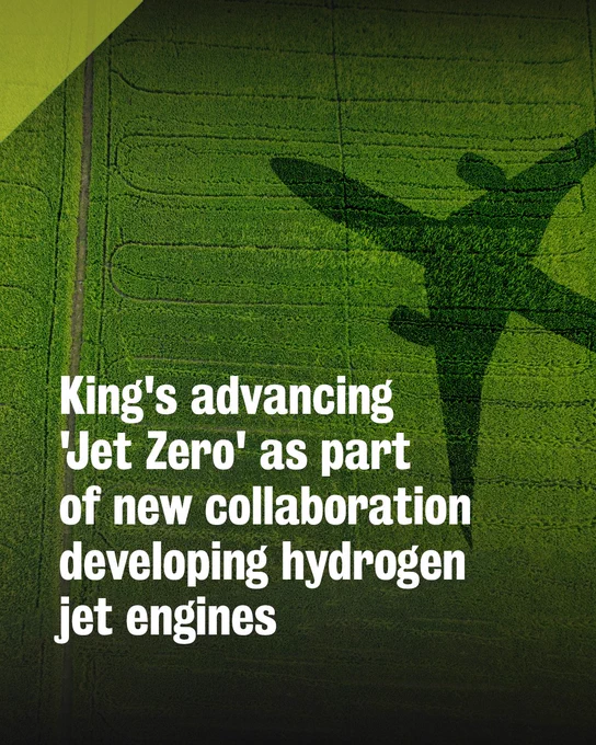 "King's advancing 'Jet Zero' as part of new collaboration developing jet engines" over a field of greens with an airplane's shadow on top of it.