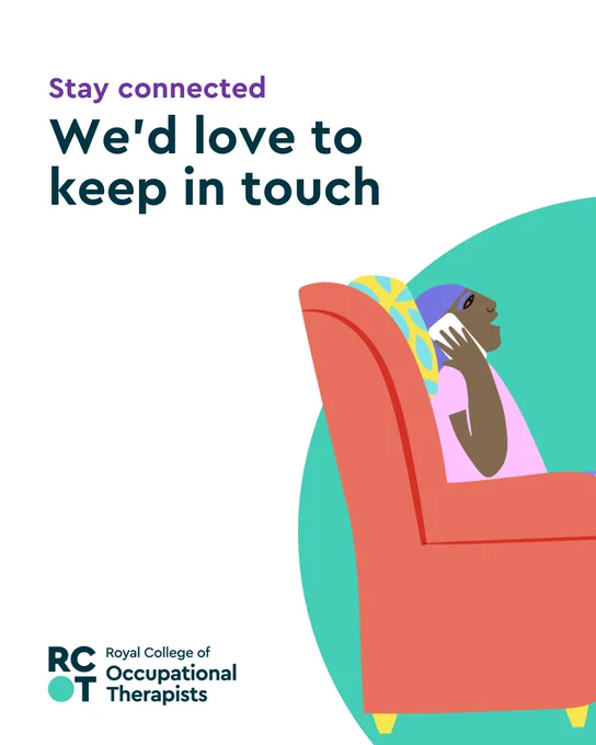 Text reads “Stay connected – We’d love to keep in touch,” featuring an illustration of a person sitting in an armchair, smiling while talking on the phone.