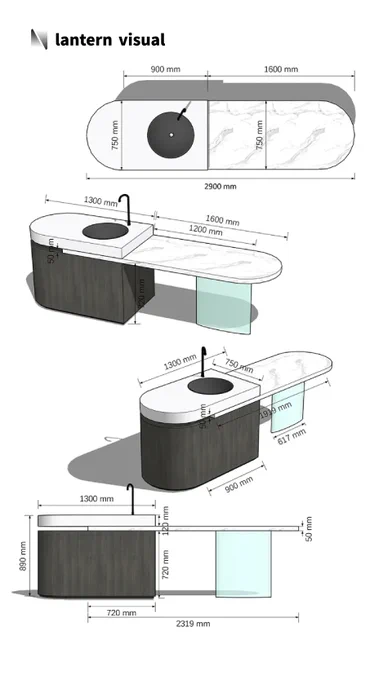 A meticulously crafted 3D rendering and detailed drawing of a multifunctional island bar by Lantern Visual.The design elegantly combines a dark wood-grain cabinet, a white marble countertop, and a unique glass support leg. Every dimension, from the 2900mm overall length to the 50mm countertop thickness, is precisely calculated and clearly labeled, showcasing our expertise in complex material combinations and modern design visualization.