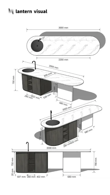 A professional 3D model visualization of a luxurious 3000mm monolithic kitchen island, presented by Lantern Visual. This design is characterized by its elegant, elongated marble countertop and a functional dark wood-grain cabinet with integrated shelving. The drawing includes detailed dimensional breakdowns, such as the 432mm shelf width and 790mm overall height, providing a clear and unambiguous visual blueprint for clients and fabricators.
