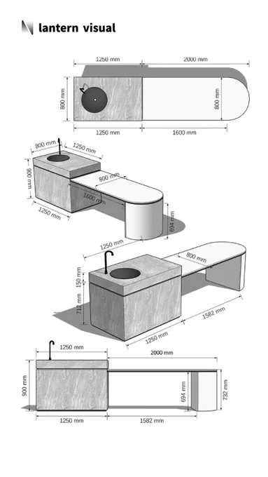A 3D design proposal for a compact, multifunctional workstation by Lantern Visual. This concept features a sophisticated grey stone texture, combining a square sink cabinet with a streamlined, curved extension table. All critical dimensions, from the 2000mm total length to the 900mm cabinet height, are clearly marked across multiple views, demonstrating our exceptional ability in visualizing space optimization and geometric aesthetics.