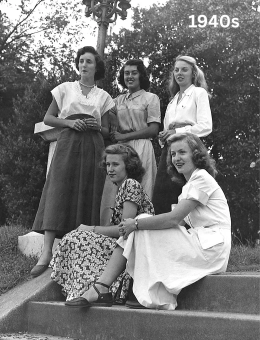 Five women posing on outdoor steps, dressed in mid-20th century attire, with "1940s" marked at the top.