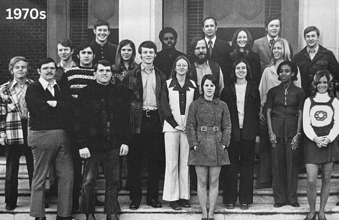 Group of 20 young adults standing in two rows in front of a brick building. Some individuals are smiling, dressed in typical fashion from that era, with a caption that says 1970s. 