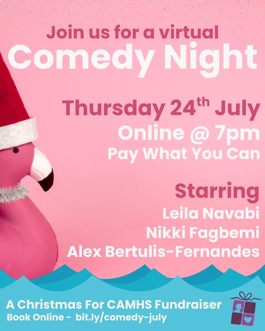 Join us for a virtual Comedy Night - Thursday 24th July Online @ 7pm Pay What You Can. Starring Leila Navabi, Nikki Fagbemi, Alex Bertulis-Fernandes. A Christmas for CAMHS Fundraiser. Book Online

A flamingo wearing a Christmas hat with tinsel as a necklace
