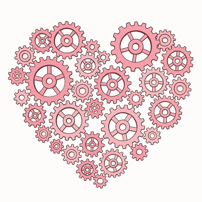 Cherry-Blossom-Pink Gears, in the shape of a heart