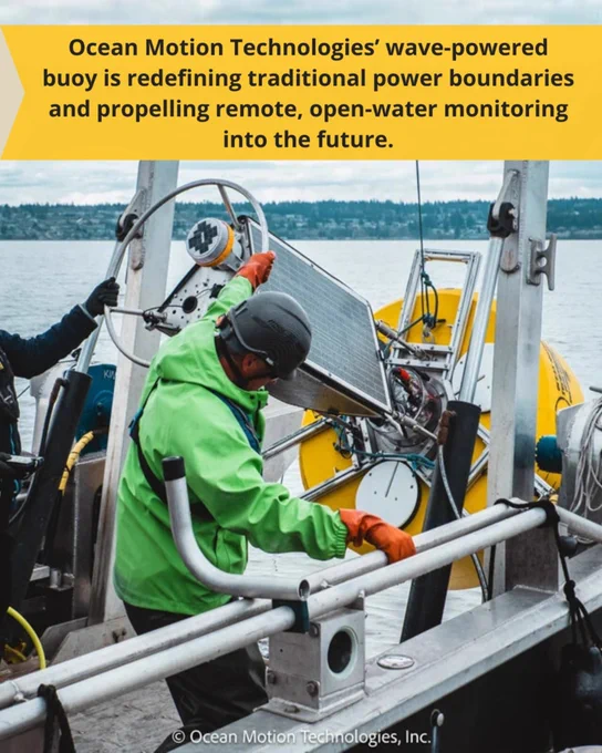 Ocean Motion Technology employees deploying a NexSens Buoy from a boat, with text overlay. Text says, "Ocean Motion Technologies’ wave-powered buoy is redefining traditional power boundaries and propelling remote, open-water monitoring into the future."