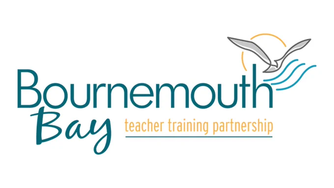 Logo of Bournemouth Bay Teacher Training Partnership featuring a stylized seagull flying over blue waves and an orange sun.