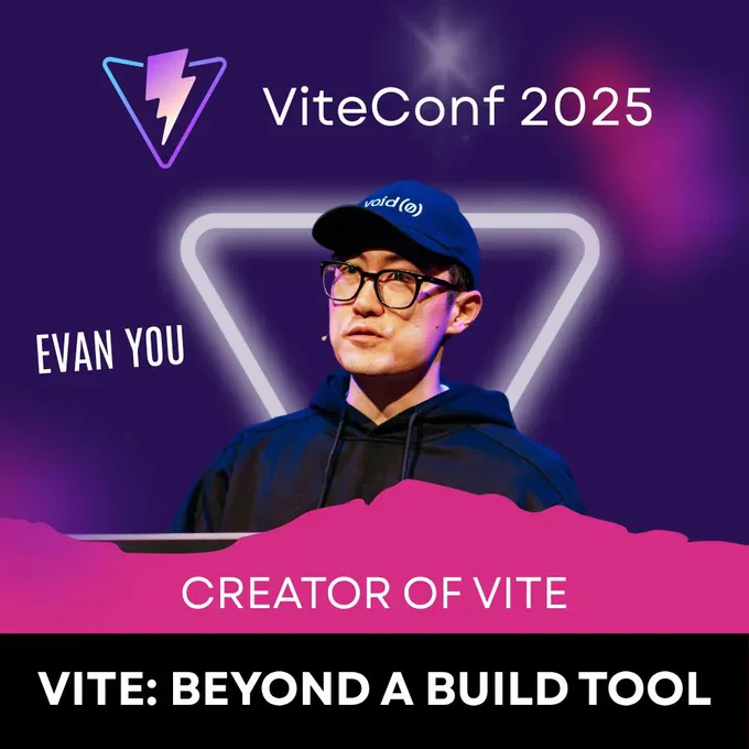 Speaker Card of Evan You showing "ViteConf 2025", his name, the title "Creator of Vite" and his talk title "Vite: Beyond a Build Tool"