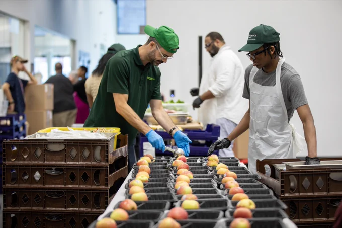 Philabundance staff and local students pack meals and label boxes as part of Philabundance's LunchBox 2025 program.