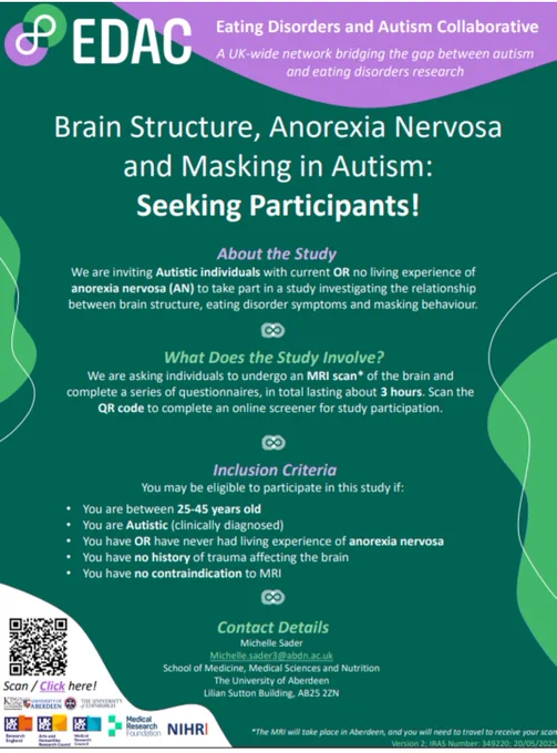 Green background with EDAC logo top left with title: Brain structure, Anorexia Nervosa and Masking in Autism. Seeking participants! Next paragraph subheading is About the study: we are inviting Autistic individuals with current or no experience of Anorexia Nervosa to take part in a study. Inclusion criteria: you are between 25-45 years old, you are Autistic (clinically diagnosed), you have OR have never had living experience of Anorexia Nervosa, you have no history of trauma affecting the brain, you have no contraindications to MRI, contact details are Michelle Sader at Michelle.sader3@abdn.ac.uk . Bottom left QR code to the study link. Logos for funders at bottom of page.