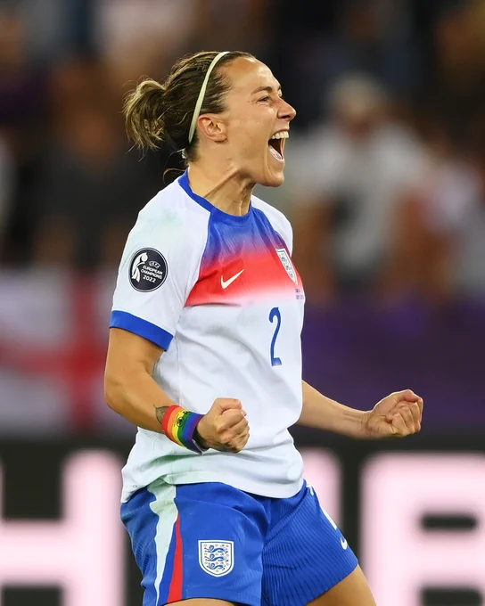 Lucy Bronze celebrates scoring the team's seventh penalty in the penalty shoot 