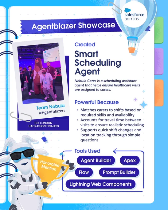 Agentblazer Showcase featuring Team Nebula's project 'Smart Scheduling Assistant', highlighting features like skills-based scheduling and streamlined travel time accounts. Includes visuals of colorful graphics, text, and logos related to Salesforce and healthcare scheduling.