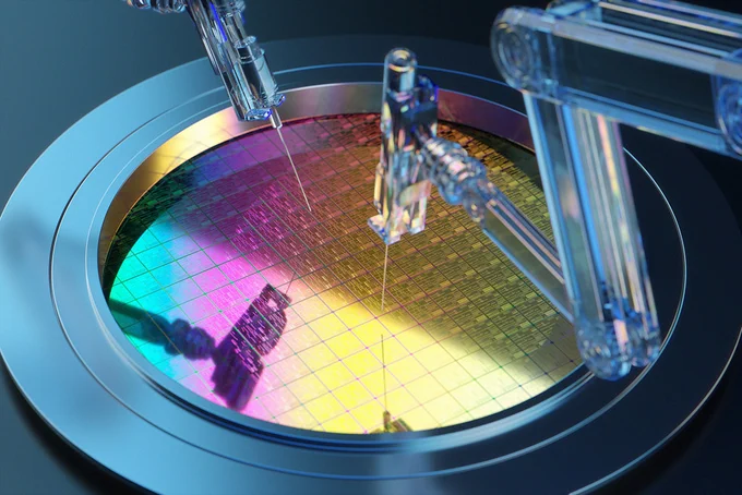 A robotic arm involved in semiconductor manufacturing, precisely handling a silicon wafer illuminated in multicolored light.
