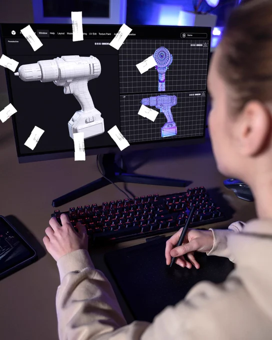 A person is working on a computer with a software interface displaying 3D models of a drill. The screen shows multiple annotations on the model, and the individual uses a keyboard and a graphic tablet.