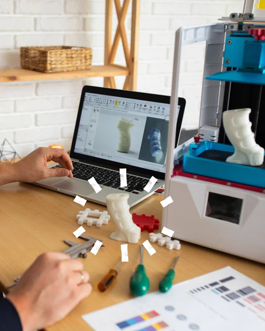 Person using a laptop with 3D modeling software next to a 3D printer, with various 3D-printed objects scattered on the desk.