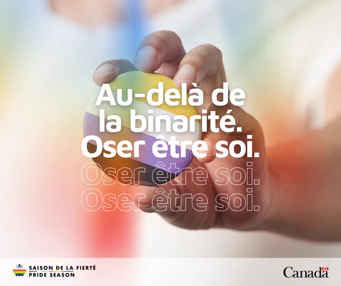 Visuel d'une main tenant un bouton de drapeau non binaire avec le texte suivant au-dessus de l'image : Au-delà de la binarité. Oser être soi. Oser être soi. Oser être soi.