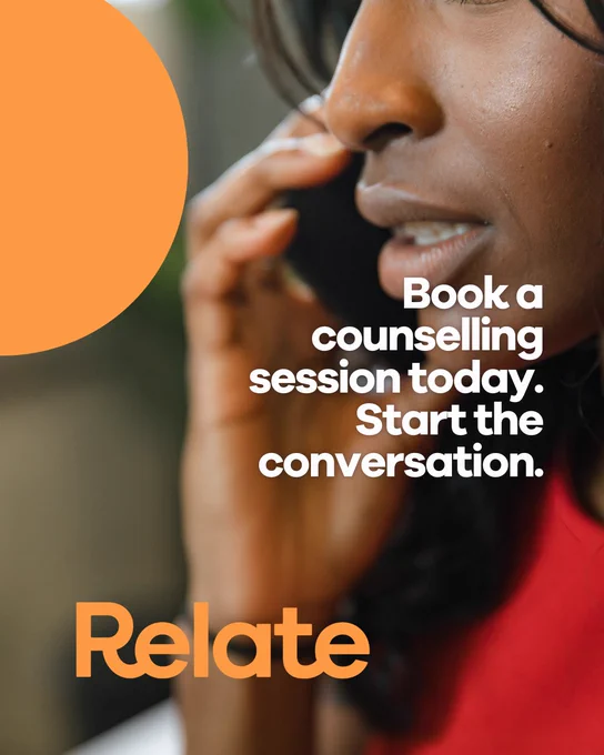 Promotional image for Relate featuring a person talking on a phone with text overlay that reads "Book a counselling session today. Start the conversation."