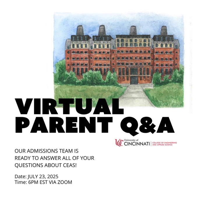 Image of University of Cincinnati Mantei Center. Text on image reads "Virtual Parent Q&A"