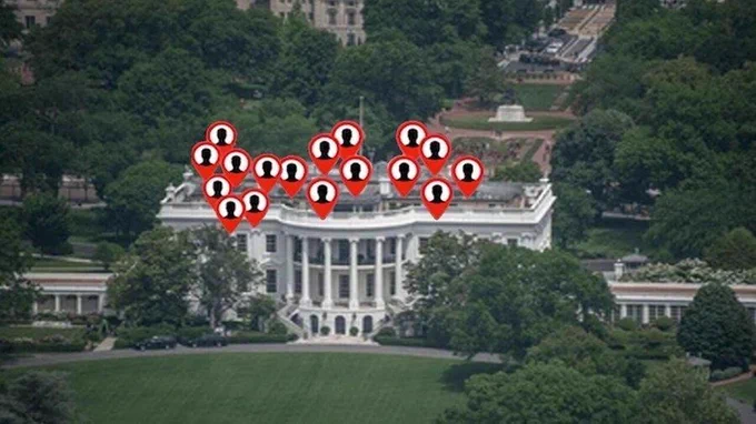 Aerial view of the White House with multiple red map pointer icons above it.