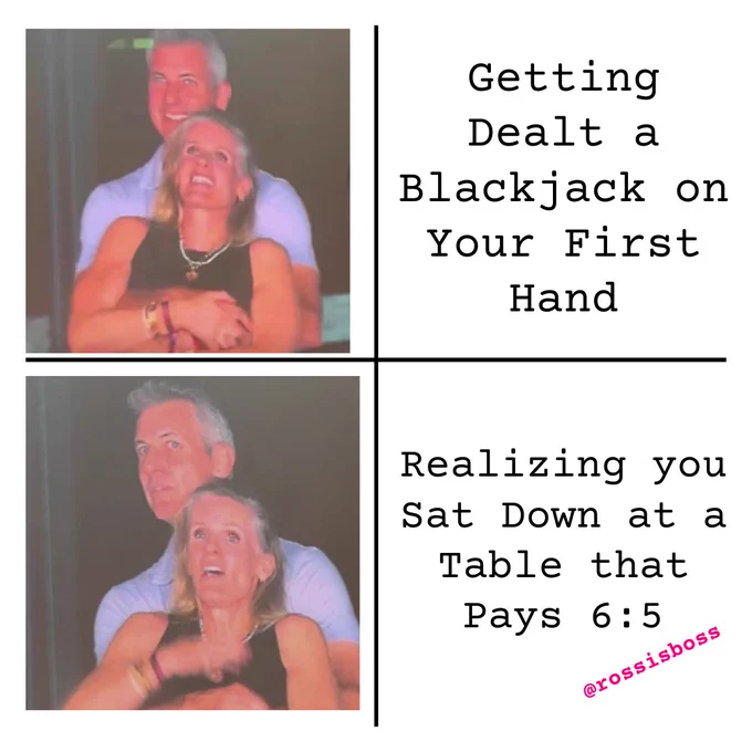 Split-screen meme with a happy couple on top and a shocked expression on the bottom. Andy Byron, CEO of Astronomer & Kristin Cabot, CPO at Astronomer Caption: ‘Getting Dealt a Blackjack on Your First Hand’ vs. ‘Realizing you Sat Down at a Table that Pays 6:5’ – @rossisbboss