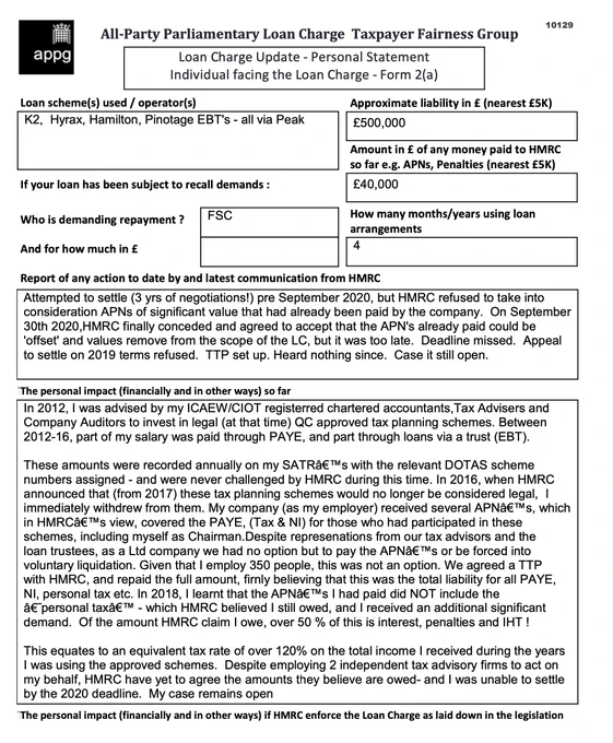 This is an example of a Loan Charge Impact statement taken as evidence by the Loan Charge and Taxpayer Fairness Group AAP. These statements highlight the true impact of the Loan Charge on families and individuals and how that differs from what is reported by HMRC

Work for HMRC? Sick of the slaughter? Help us. Follow the link below:

https://www.hmrcloancharge.info/hmrc-whistleblower-portal/

To see a proposed solution to the mess visit:

https://www.loanchargeresolution.co.uk/wp-content/uploads/2024/08/Letter-to-Exchequer-Secretary-to-the-Treasury-about-the-Loan-Charge-August-2024.pdf


We understand that those affected may be having a tough time right now, especially given the disappointing announcement from the Government. If this is you please seek help. We attach contact details for Samaritans.
#LoanChargeScandal 
 
https://www.samaritans.org
Call: 116 123