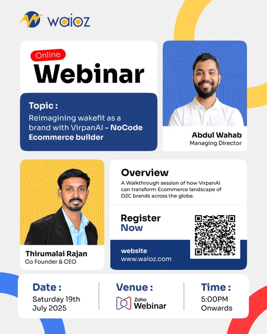 We are explaining how you can scale your business to 5x with VirpanAI No Code Ecommerce Bulider!!

Join us on our webinar where we explain what VirpanAI No Code Ecommerce Bulider is, how it helps you create an all new sales channel, and how you can scale it. In this webinar, we are reconstructing Wakefit's website and have imagined how their mobile application would look if they built it with VirpanAI. Scan the QR in the image to register yourself.

Whether you're a brand owner, developer, Shopify agency, or just curious about the future of retail tech, this one’s for you!

Register now and see how 𝗩𝗶𝗿𝗽𝗮𝗻𝗔𝗜 can power your next eCommerce idea. Click To Register our Webinar: https://live.zoho.in/gvjv-uoj-ykj

#eCommerce #AI #NoCode #Shopify #RetailTech #VirpanAI #Startups #Webinar #DigitalTransformation