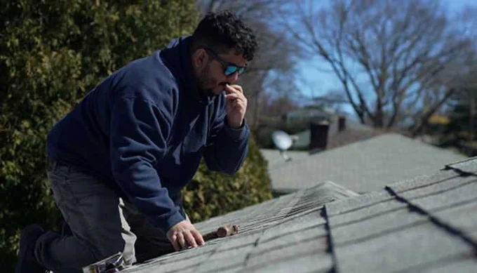 A roofer wearing a blue hoodie and sunglasses inspects shingles on a residential roof during a sunny day, demonstrating hands-on skilled trade work.