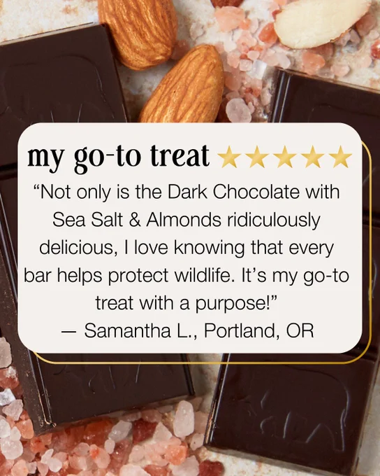 A promotional image featuring a Dark Chocolate with Sea Salt & Almonds bar, surrounded by loose almonds. A positive quote from Samantha L. from Portland, OR, praises the chocolate bar for its taste and purposeful impact.
