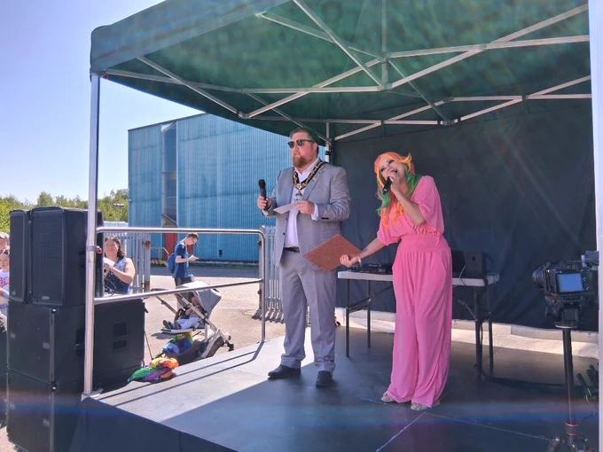 Mayor of St Helens Borough, Cllr Seve Gomez-Aspron, pictured on stage at St Helens Pride