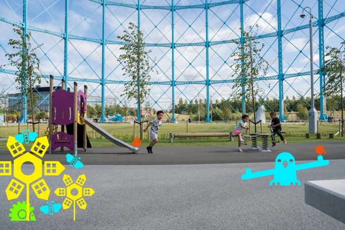 Children explore the playground on the site of an old gasholder in Granton, Edinburgh ©National Trust Images Rebecca Hughes