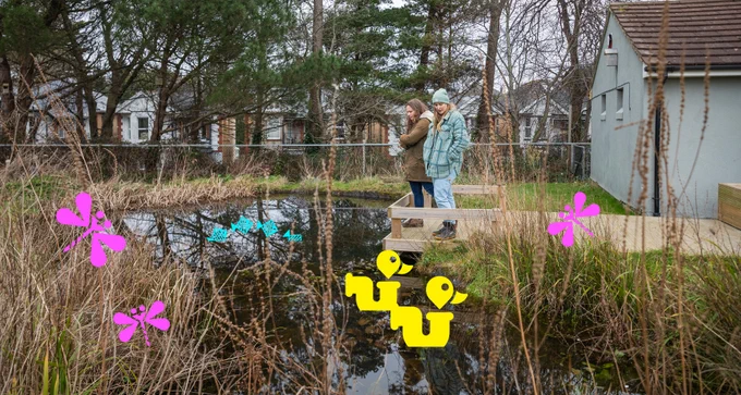 Park visitors admire a wildlife pond created by The Parks Foundation in Winton Recreation Ground, Bournemouth ©National Trust Images James Dobson
