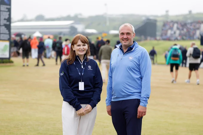 Economy Minister Dr Caoimhe Archibald pictured with Galgorm Collection managing director, Colin Johnston at the 153rd Open at Royal Portrush 