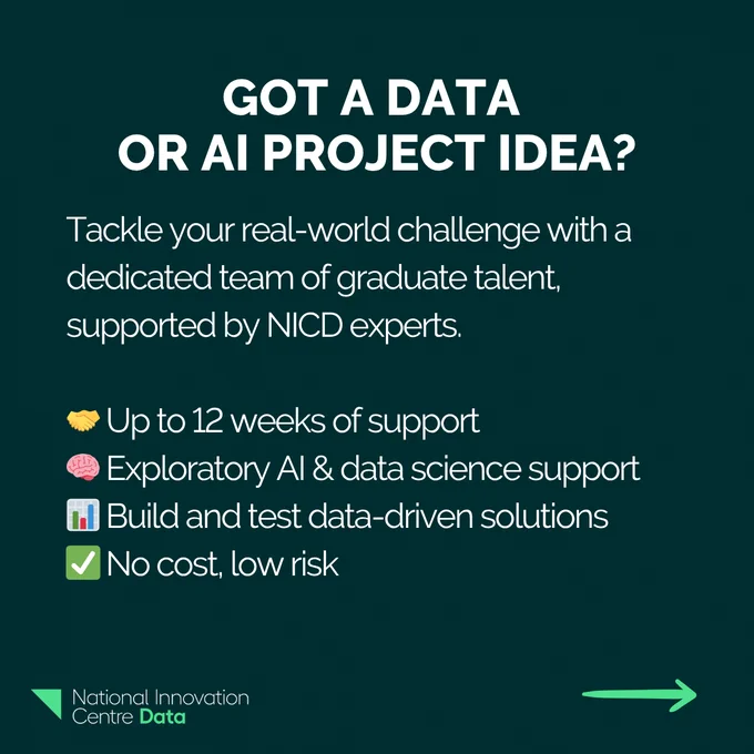 GOT A DATA OR AI PROJECT YOU'D LIKE TO EXPLORE, AT NO COST?

WHAT’S ON OFFER
Up to 12 weeks of dedicated project support
A team of graduate trainees, guided by NICD experts
Exploratory data and AI support focused on your real-world problem

WHY CONSIDER IT
Free, low-risk innovation
Access to skilled graduate talent, supported by experts
A chance to test what data science and AI could offer your organisation

WHAT THE PROJECT COULD LOOK LIKE
Define clear business goals and objectives, Explore, clean and prepare your data, Build and prototype your data solution, Plan integration into your systems, Stay informed through regular updates, Share results in a final case study
THE BENEFITS
Low-risk, Access to graduate talent, Expert-supported, Potential to solve real challenges, Free, A powerful case study to share
WHO IS THIS FOR?
Organisations with: A data science or AI idea or project, Clear business impact potential, A compelling story to tell, Time to attend stakeholder meetings 