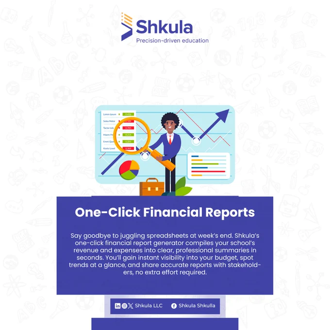 Say goodbye to juggling spreadsheets at week's end. Shkula's one-click financial report generator compiles your school's revenue and expenses into clear, professional summaries in seconds. You'll gain instant visibility into your budget, spot trends at a glance, and share accurate reports with stakeholders, no extra effort required.