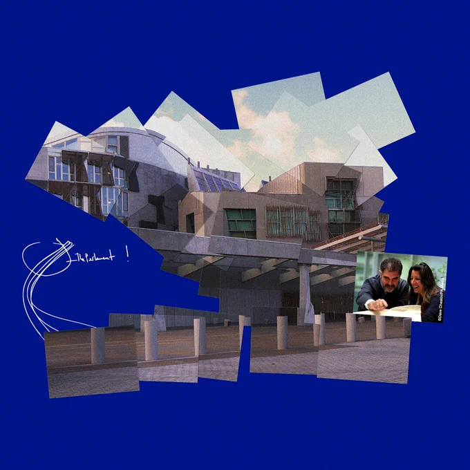 Two images - one shows the Scottish Parliament from the front. The second is of Benedetta Tagliabue and Enric Miralles during the design process.