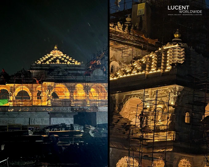 We at Lucent Worldwide are honored to share a glimpse of the facade lighting mockup at Ram Mandir, Ayodhya. Seeing our design vision come to life through collective dedication fills us with humility and gratitude.
Our heartfelt thanks to Ashish Bahal, Satnam Singh Bajwa, and Puneet Samkria for their tireless efforts on-site and attention to detail. We also deeply appreciate Mukesh Gaur and his team for their unwavering support behind the scenes. 
This project is a reminder of the spirit of humility and devotion that guides us.
Principal Designer: Sarvdeep Basur 
Special thanks to Tata Consulting Engineers, Jaqaur Lighting, Havell’s Lighting and Sygnify Lighting for working hard making this happen in adverse weather conditions.
