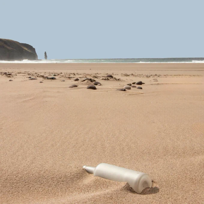 Plastic container discarded in pristien beach in Scotland