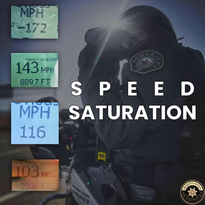 A sheriff’s motorcycle officer stands in the background, using a speed radar gun with sunlight flaring over their shoulder. Four close-up images of speed radar displays appear on the left, showing speeds of -172 MPH, 143 MPH, 116 MPH, and 103 MPH. In bold white letters, the words "SPEED SATURATION" are centered on the image. The Jefferson County Sheriff's Office logo is at the bottom right corner.