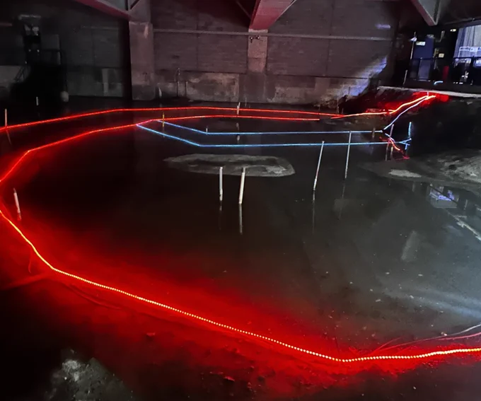 A photograph of the archaeological remains of The Rose Playhouse, currently preserved underwater in a very wide and tall basement underneath an office block, looking from the south to the north, with illuminated rope lights in red outlining the position of the inner and outer walls of the seating galleries that ring the yard, with two ropes of blue lights on the north side of the yard, marking the front of the stage in 1587, and then pushed back a few feet when The Rose was expanded in 1592/3. The modern day raised viewing platform is just visible at the top right of the photograph. Light from the viewing platform is reflected on the surface of the water. Photo taken 17 July 2025 by Pepe Pryke.