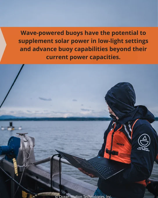 Ocean Motion Technology employee on a boat looking over the Puget Sounds, with text overlay. Text says "Wave-powered buoys have the potential to supplement solar power in low-light settings and advance buoy capabilities beyond their current power capacities."
