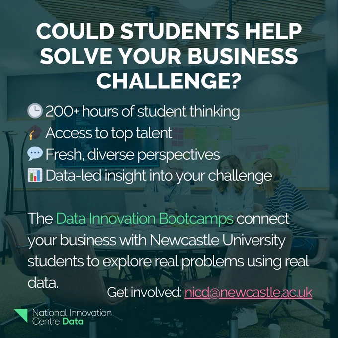 Could students help solve your business challenge?
🕒 200  hours of student thinking
🎓 Access to top talent
💬 Fresh, diverse perspectives
📊 Data-led insight into your challenge

NICD’s Data Innovation Bootcamps connect your business with Newcastle University students to explore real problems using real data.

📩 Get involved: nicd@newcastle.ac.uk