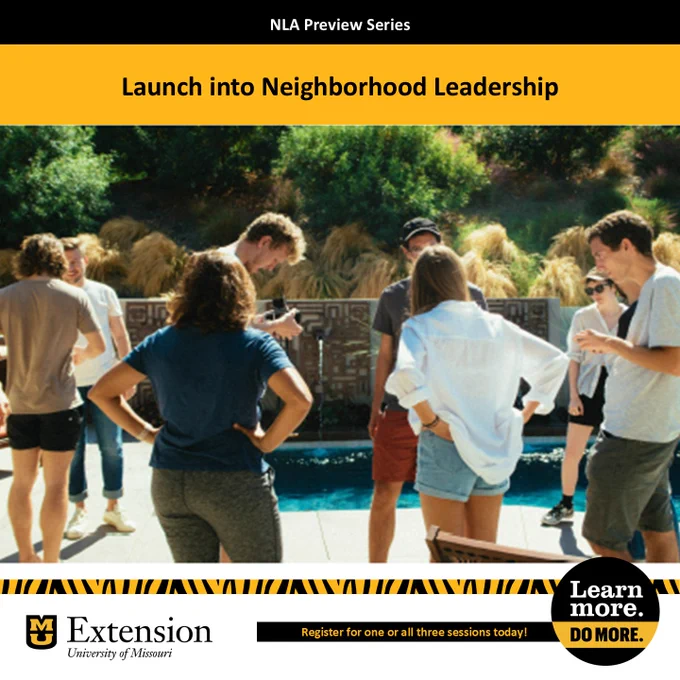 A group of people standing in a circle participating in a ice breaker activity. Text says "NLA Preview Series: Launch into Neighborhood Leadership"