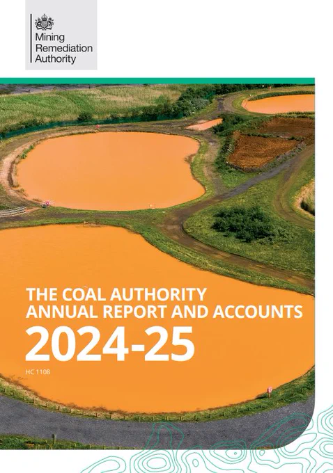 2024 to 2025 Annual Report and Accounts front cover which show the Mining Remediation Authority logo alongside lagoons filled with orange ochre coloured water and green surroundings. 
