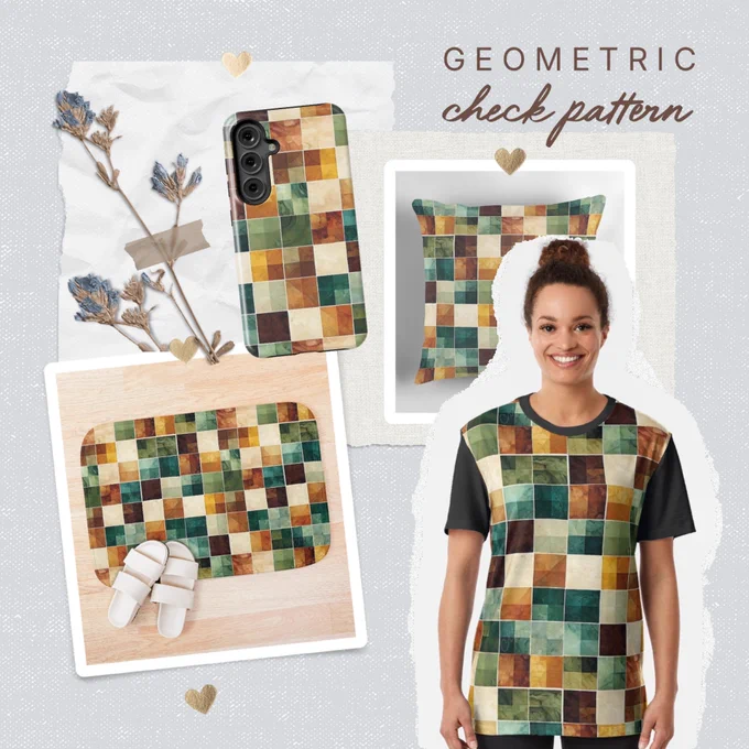 A geometric check pattern in warm autumn colors, displayed on various products such as a bath mat, smartphone case, pillow and t-shirt. The design consists of small colored squares in earth tones and creates a cozy, nostalgic effect.