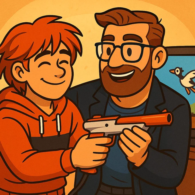 Cartoon-style digital illustration of a boy and his father from the Sixth Force game by EdenSpiel, smiling and holding a retro orange NES Duck Hunt light gun together. A duck flies on a CRT TV in the background. Nostalgic moment inspired by 80s–90s video games and local co-op gaming.