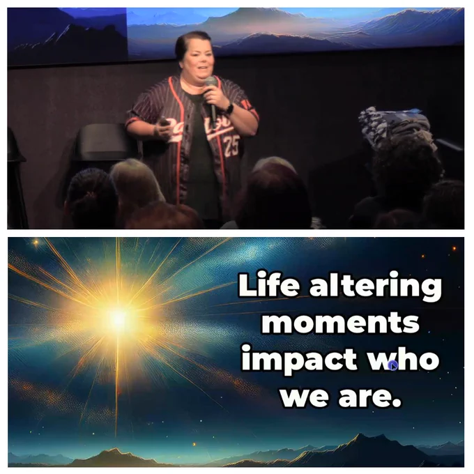 Ann speaking and a slide from her presentation. 