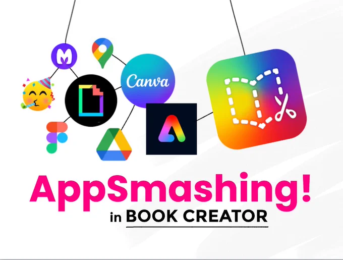 Collage of app logos including Canva, Figma, and Google Drive with text: "AppSmashing! in Book Creator".